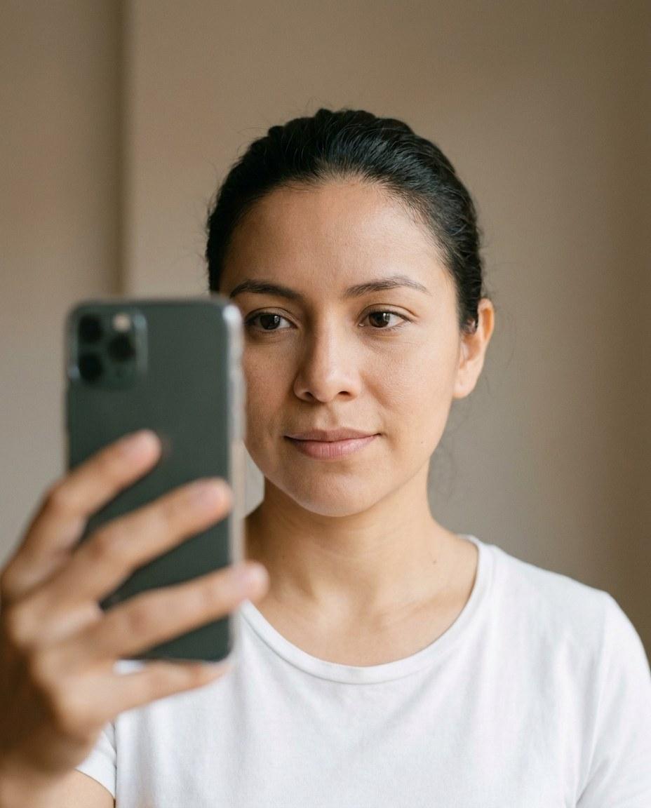Una persona sostiene su celular frente a la cara para verificar su identidad con una selfie