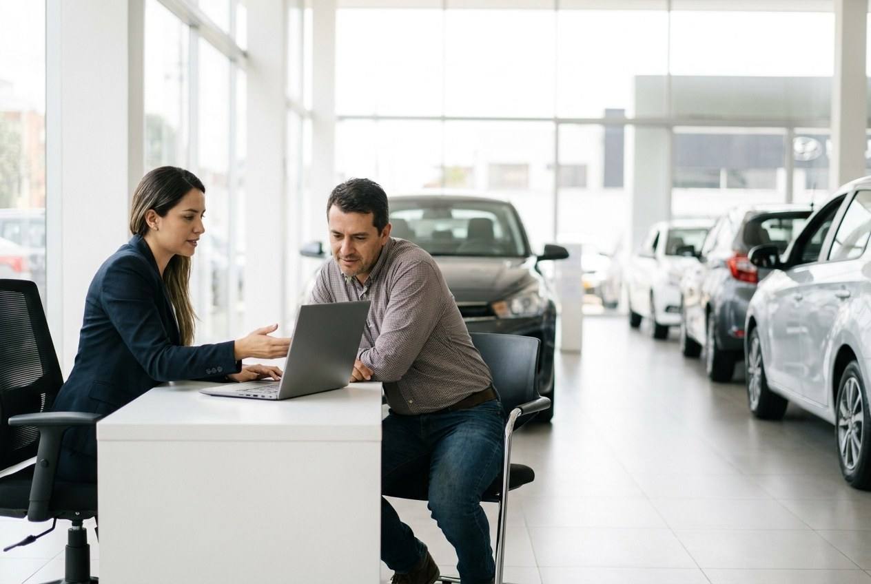 Una asesora de concesionario revisa el expediente con su cliente en la sala de ventas