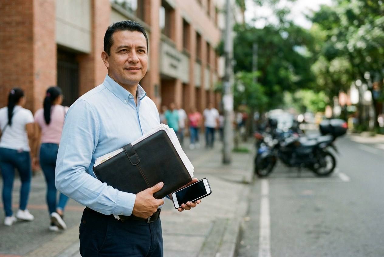 Un tramitador con su carpeta y su celular frente a una secretaría, sin hacer fila